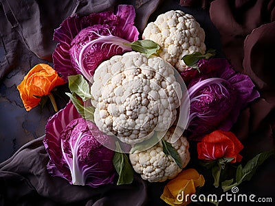 Raw Organic Cauliflower and cabbage heads Ready to Cook. Assortment of puple cabbage and white cauliflower with flowers, close up Stock Photo
