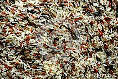 Raw organic rice berry and brown rice mixed texture. Food ingredient background. Top view, healthy lifestyle concept. Stock Photo