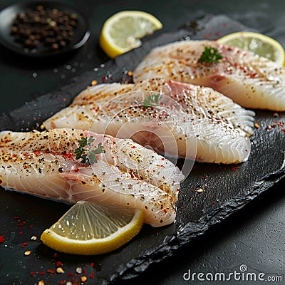 Raw pangasius fish fillet served with lemon and seasoning Stock Photo