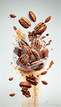 Raw Pecan Nuts Creatively Falling-Dripping Flying or Splashing on White Background Generative AI Stock Photo