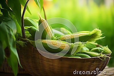 Raw pile of corn in wooden wicker basket. Generative AI Stock Photo