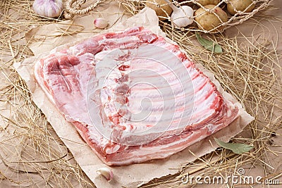 Raw pork meat - spare ribs or belly. Fresh meat and ingredients Stock Photo