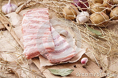 Raw pork meat - spareribs, pigs ribs. Fresh meat and ingredients Stock Photo