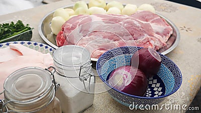 Raw pork neck meat cuts on a plate view isolated Stock Photo