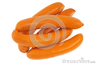 Strings of Frankfurter sausages on a white background Stock Photo