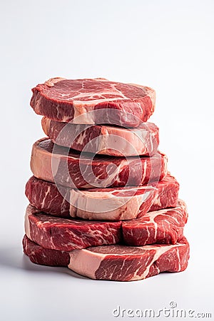 Raw Pork Stack, Steaks Pile, Fresh Uncooked Meat Slices, Raw Beef Fillet Stack Ready for Grill Stock Photo
