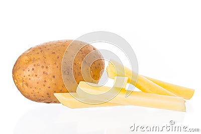 Raw Potato sliced strips prepared for French fries on white bac Stock Photo