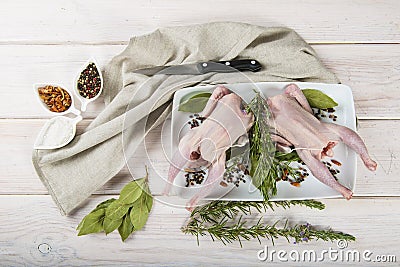 Raw poussin with herbs and spices Stock Photo