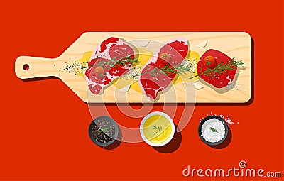 Raw prime beef steaks, rib eye, strip loin, tenderloin and seasoning on wooden cutting board Vector Illustration