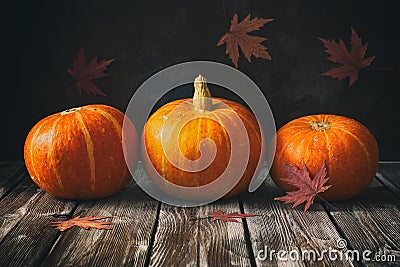 Raw pumpkins in a line on an old wooden table decorated with maple leaves. Rustic style. Thanksgiving and halloween holiday Stock Photo