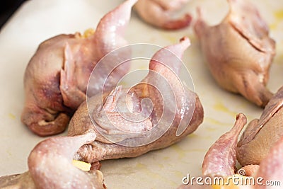 A raw quail stuffed with fresh fruits and vegetables on a tray Stock Photo