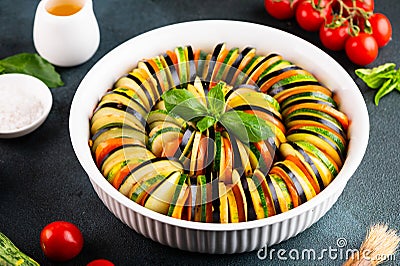 Raw ratatouille, vegetable stew. Classic French cuisine. Traditional french dish. Stock Photo