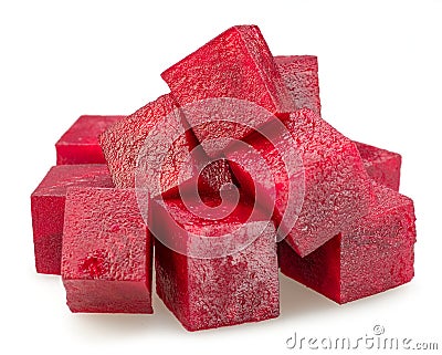 Raw red beetroot cubes isolated on white background. File contains clipping path Stock Photo