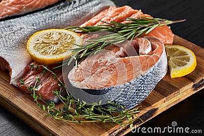Raw salmon fillets and medallions Stock Photo