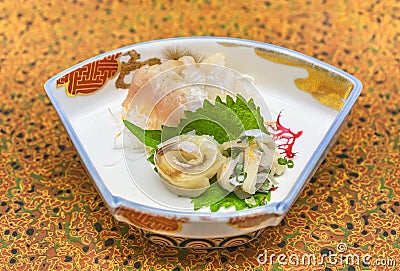 Raw sashimi of japanese Sayori needlefish, Madai seabream and Hirame halibut. Stock Photo