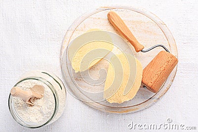 Raw shortcrust pastry , fresh prepared dough with flour Stock Photo