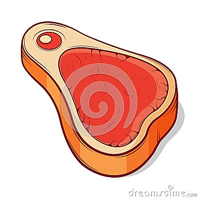 Raw slice of beef meat isolated on a white background. Colored line art. Cartoon retro design. Vector Illustration