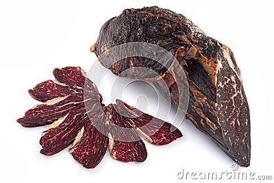 Raw smoked beef whole piece and slices isolated Stock Photo