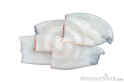Raw Squid or Calamari tubes on a kitchen table. Isolated on white background. Stock Photo
