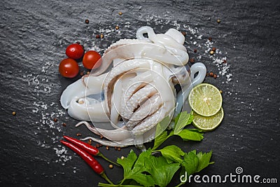 Raw squid with lemon herbs and spices on dark background top view - octopus ocean gourmet fresh squid in the seafood restaurant Stock Photo