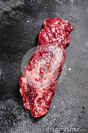 Raw top blade, Denver steak. Black background. Top view Stock Photo