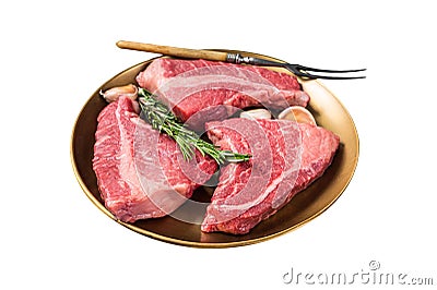 Raw Topside sirloin beef cut on steel plate with spices. Isolated on white background. Top view. Stock Photo