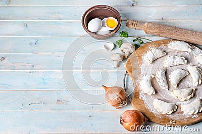 Raw vareniki, topshot, additional space left for text Stock Photo