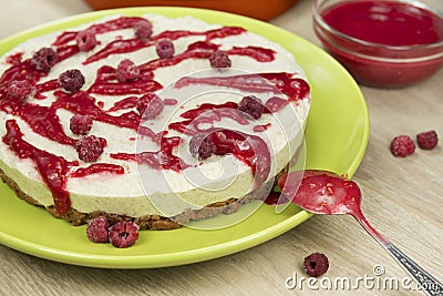 Raw vegan berry cheesecake gluten-free with the frozen raspberry Stock Photo