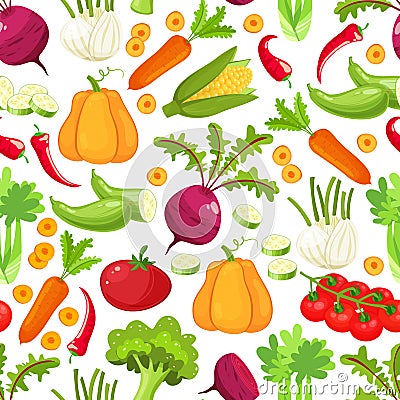 Raw vegetables with sliced pepper eggplant garlic mushroom courgette tomato onion cucumber vector illustration.Seamless Vector Illustration