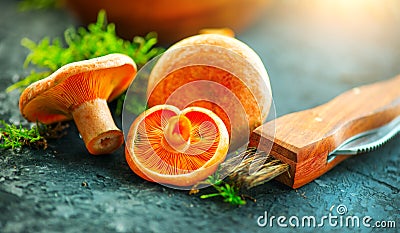 Raw wild Saffron milk cap mushrooms on dark old rustic background. Lactarius deliciosus, Rovellons, Niscalos mushroom Stock Photo