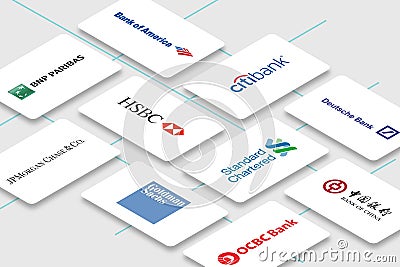 Collection of multiple banking business cards. Illustrative editorial Editorial Stock Photo