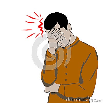 drawing of a man's hand holding his forehead maybe because of the pain or dizziness he suffers from the pressures Stock Photo