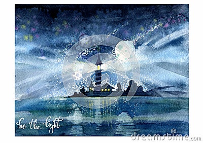 Rays of light from a night lighthouse in the sea with reflection. Acrylic illustration. Handwork, greeting card Cartoon Illustration