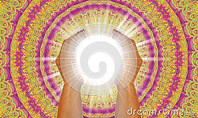 Rays of white light between the hands of a woman Stock Photo