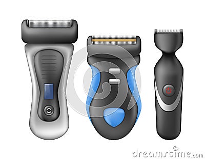 Razor blade realistic set. Shaving razor mockup vibrating razor, trimmer for men. Vector Illustration