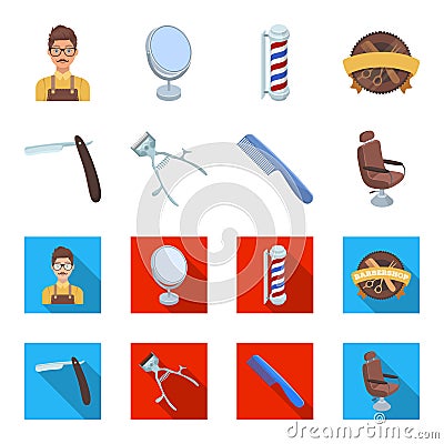 A razor, a mechanical hair clipper, an armchair and other equipment for a hairdresser.Barbershop set collection icons in Vector Illustration