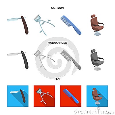 A razor, a mechanical hair clipper, an armchair and other equipment for a hairdresser.Barbershop set collection icons in Vector Illustration