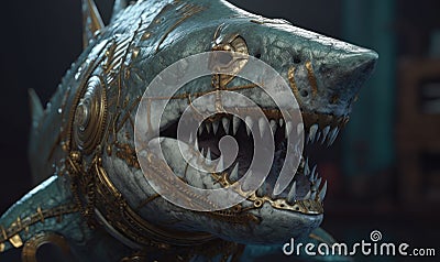 With razor-sharp teeth and impenetrable defense, anthropomorphic shark strikes fear in its armored form. Creating using Stock Photo