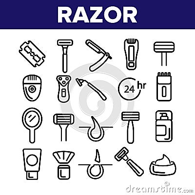 Razor, Shaving Accessories Vector Linear Icons Set Vector Illustration