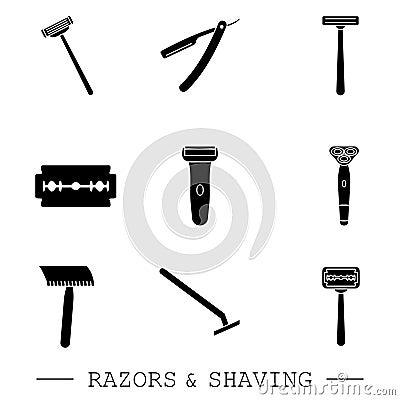 Razor vector black icon set. collection of 9 razor outline icons. editable razor icons for web and mobile. shaving. Shaver blade Vector Illustration