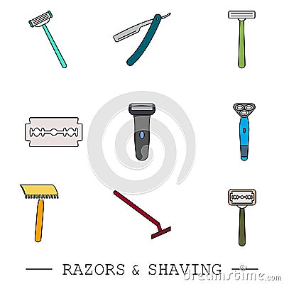 Razor vector color icon set. collection of 9 razor outline icons. editable razor icons for web and mobile. shaving. Shaver blade Vector Illustration