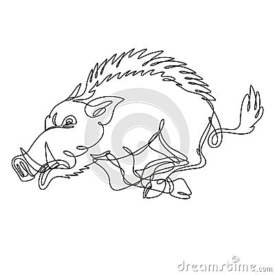 Razorback Wild Boar Running Attacking Side View Continuous Line Drawing Vector Illustration