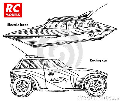 RC transport, remote control models. toys design elements for emblems. boat or ship and car or machine. revival radios Vector Illustration