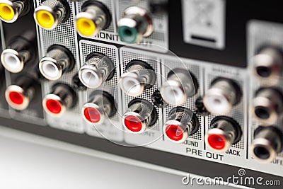 RCA sockets of audio surround receiver Stock Photo