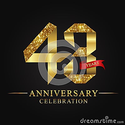 43rd anniversary years celebration logotype. Logo ribbon gold number and red ribbon on black background. Vector Illustration