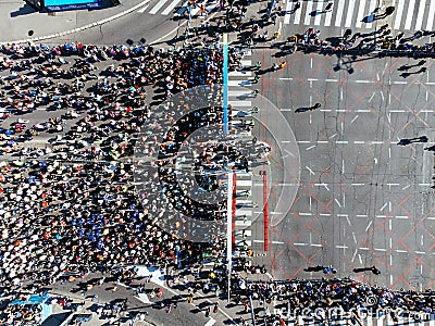 23rd of April 2023, Belgrade, Serbia. Shot of a group of young men running a marathon. Aerial drone photo. Editorial Stock Photo