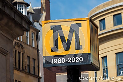 Yellow Metro beacon in Newcastle City Centre Grainger Town - public transport, subway, rail Editorial Stock Photo