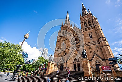 St Mary`s Cathedral wide angle front view and Sydney tower eye in Sydney NSW Australia Editorial Stock Photo