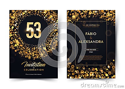 53rd years birthday vector black paper luxury invitation double card. Fifty three years wedding anniversary celebration Vector Illustration