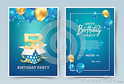 53rd years birthday vector invitation double card. Fifty three years wedding anniversary celebration brochure. Template Vector Illustration